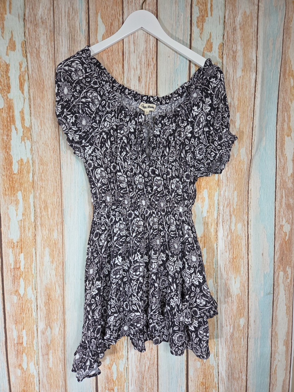 Celina Moon Black & White Floral Smocked Peasant Dress. 100% Cotton. Size Small
